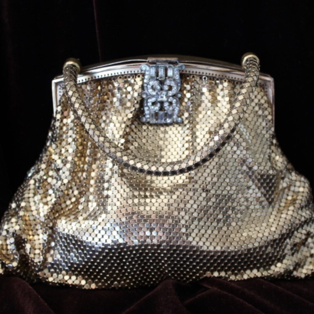 Whiting & Davis Gold Tone Mesh Bag W/Jeweled Lift Lock, Original Comb & Mirror